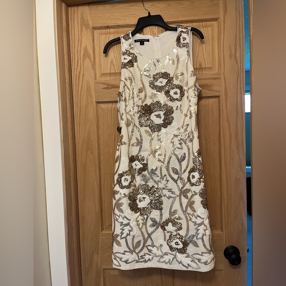 Boston Proper Cream and Brown Sequin Floral Mini Dress
